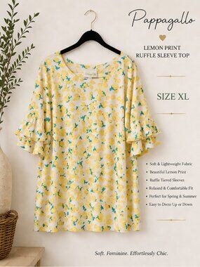 Italy Lemons Pappagallo Print Ruffle Sleeve Top XL Summer Blouse